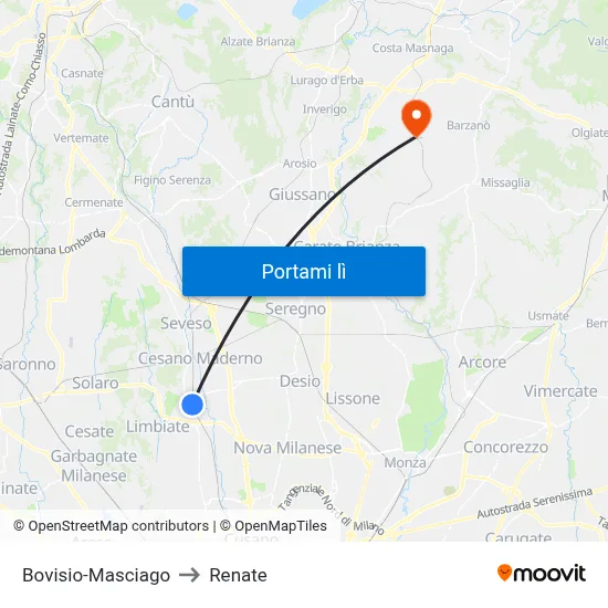 Bovisio-Masciago to Renate map