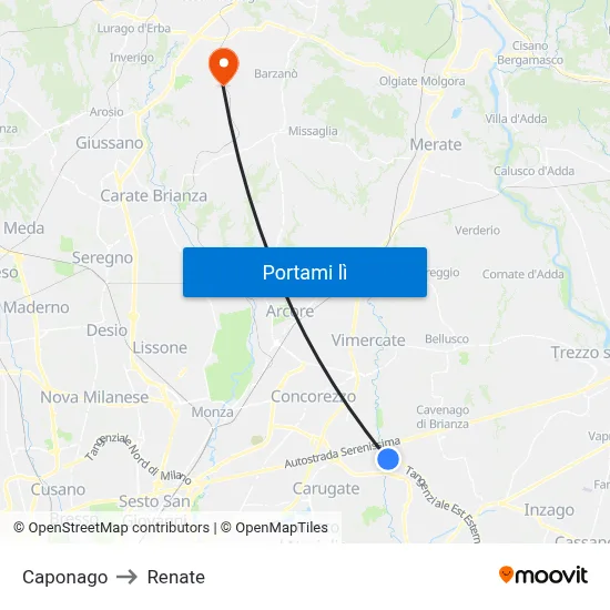 Caponago to Renate map