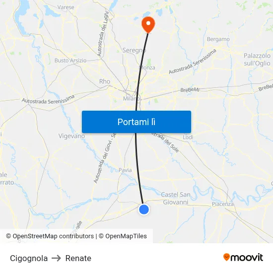 Cigognola to Renate map