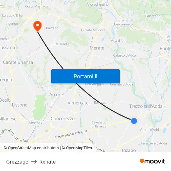 Grezzago to Renate map