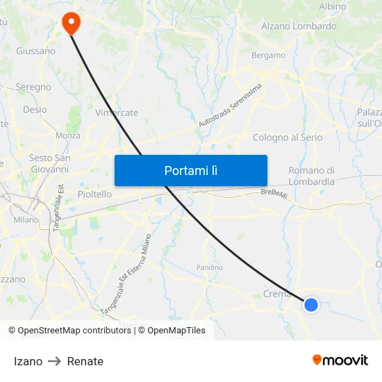 Izano to Renate map