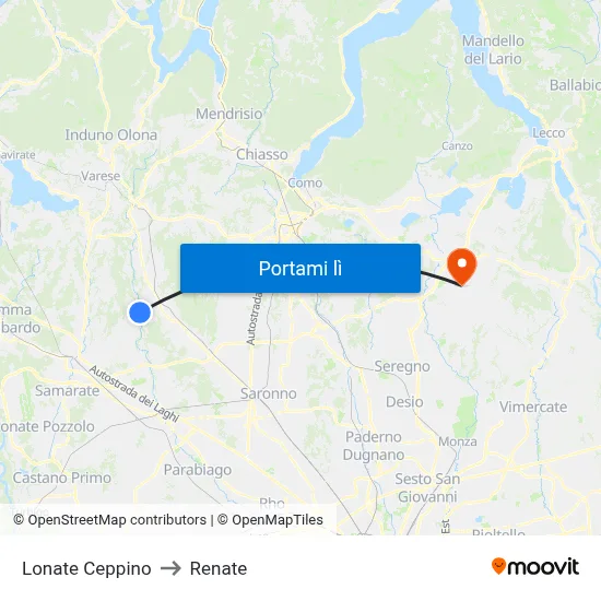 Lonate Ceppino to Renate map