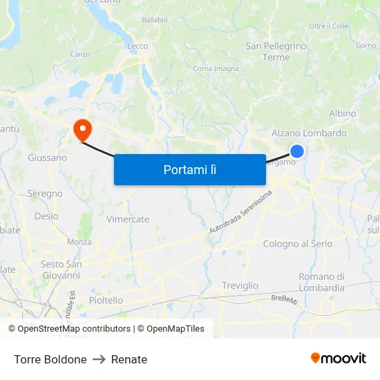 Torre Boldone to Renate map