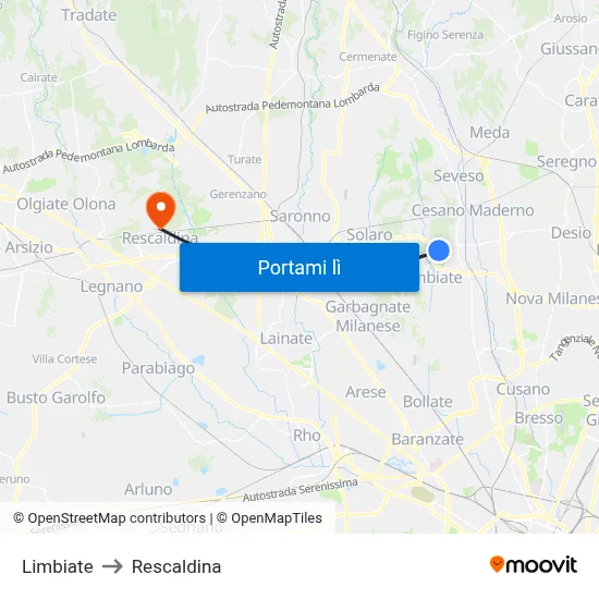 Limbiate to Rescaldina map