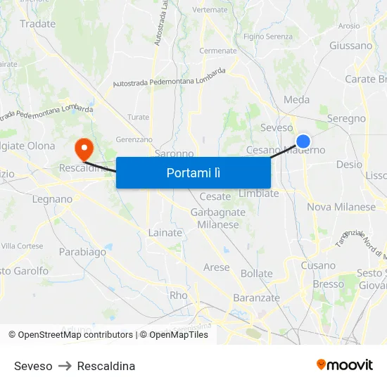 Seveso to Rescaldina map