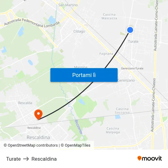 Turate to Rescaldina map