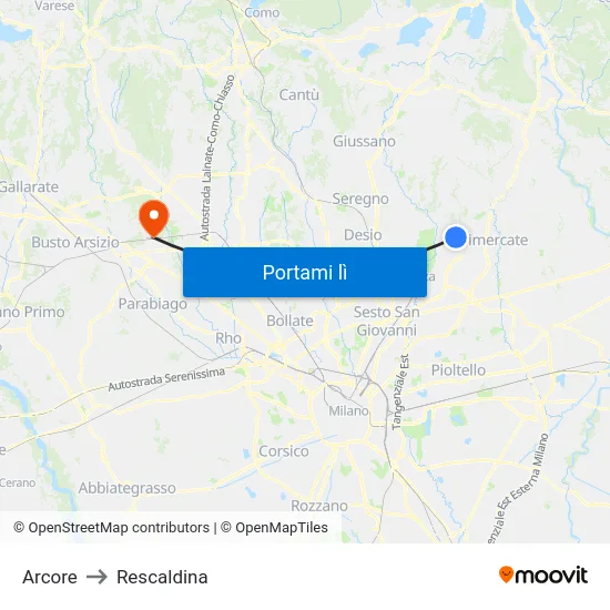 Arcore to Rescaldina map