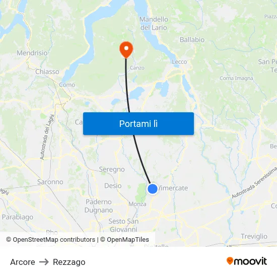 Arcore to Rezzago map