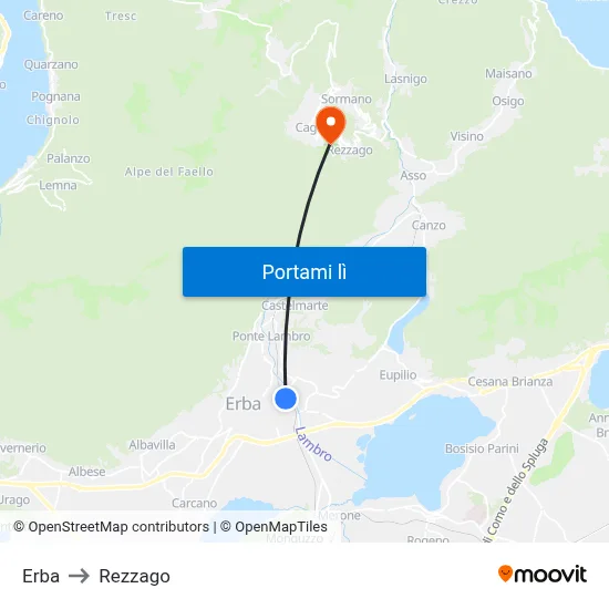 Erba to Rezzago map