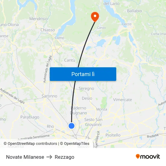 Novate Milanese to Rezzago map