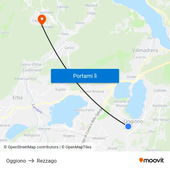 Oggiono to Rezzago map