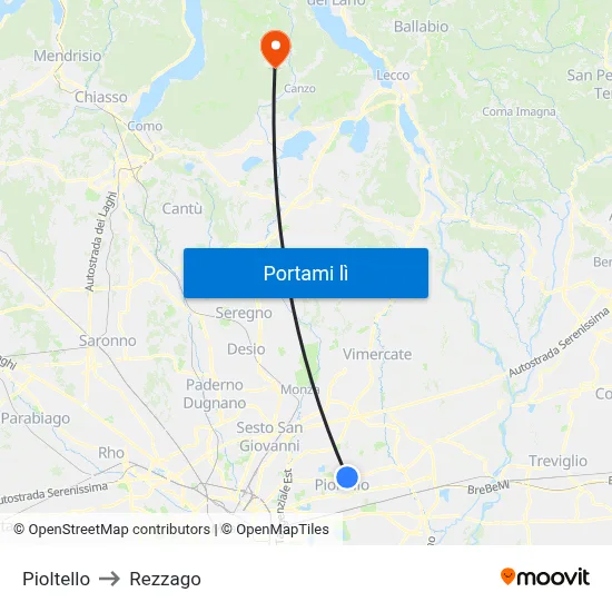 Pioltello to Rezzago map