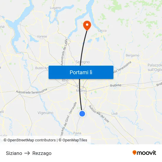 Siziano to Rezzago map