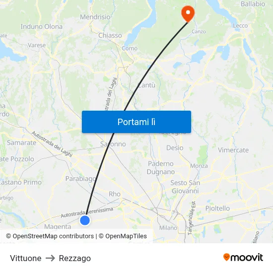 Vittuone to Rezzago map