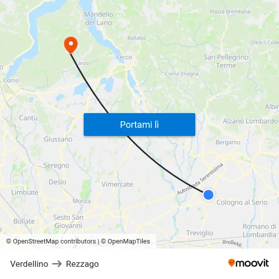 Verdellino to Rezzago map