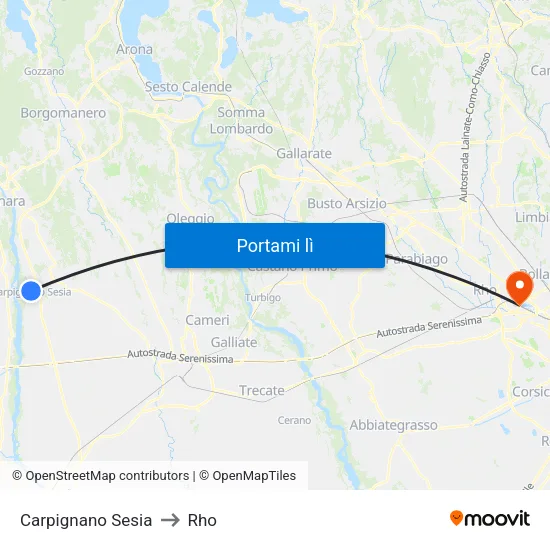 Carpignano Sesia to Rho map