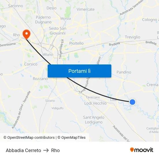 Abbadia Cerreto to Rho map