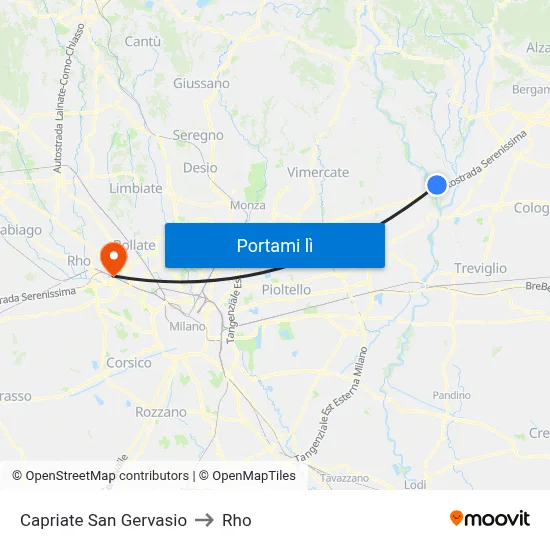 Capriate San Gervasio to Rho map