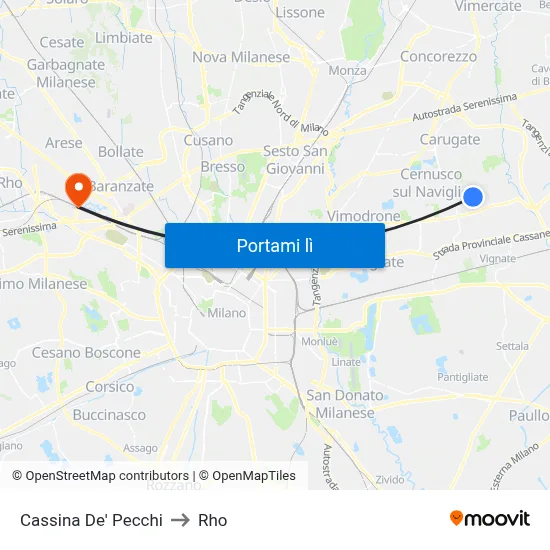 Cassina De' Pecchi to Rho map