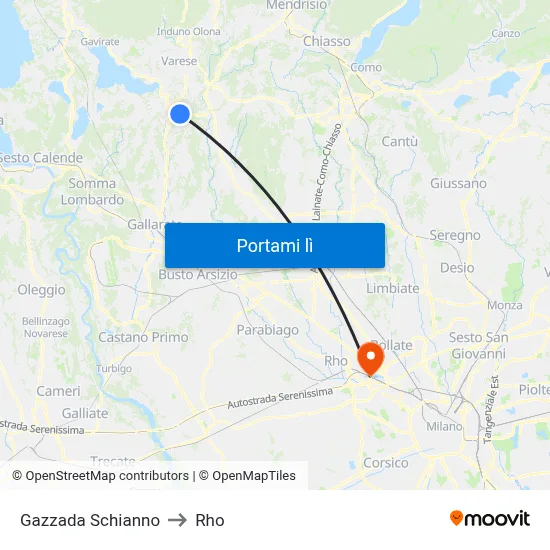 Gazzada Schianno to Rho map