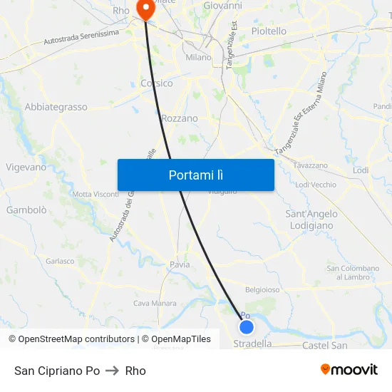San Cipriano Po to Rho map