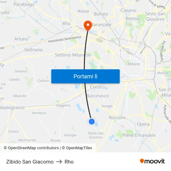 Zibido San Giacomo to Rho map