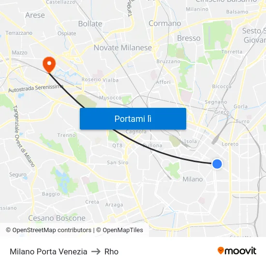 Milano Porta Venezia to Rho map