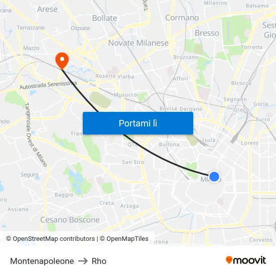 Montenapoleone to Rho map