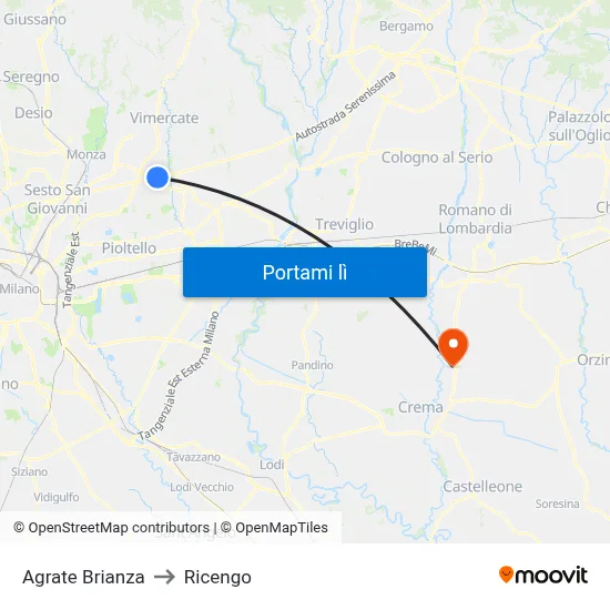 Agrate Brianza to Ricengo map