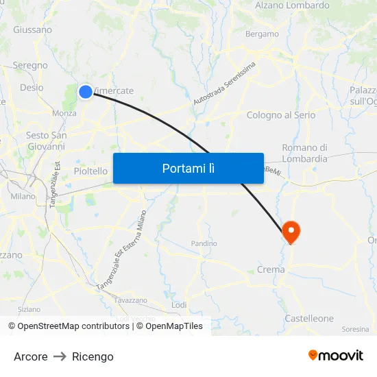 Arcore to Ricengo map