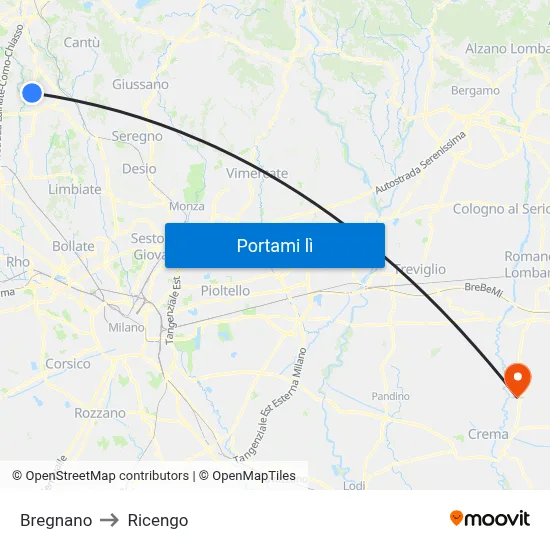 Bregnano to Ricengo map