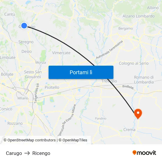 Carugo to Ricengo map
