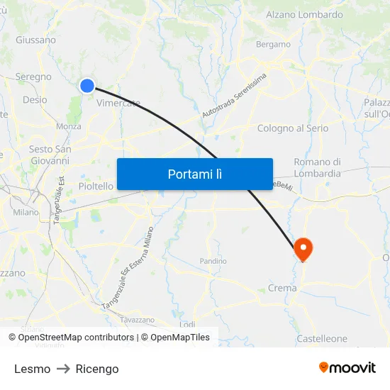 Lesmo to Ricengo map