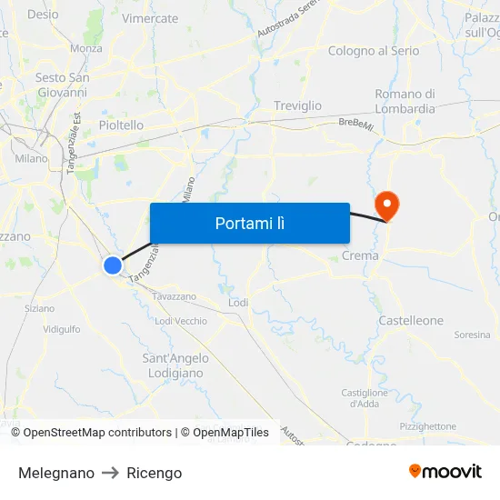 Melegnano to Ricengo map