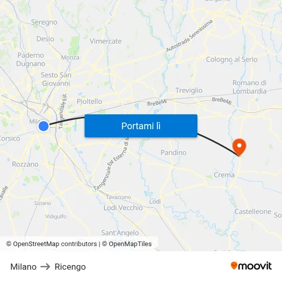 Milano to Ricengo map