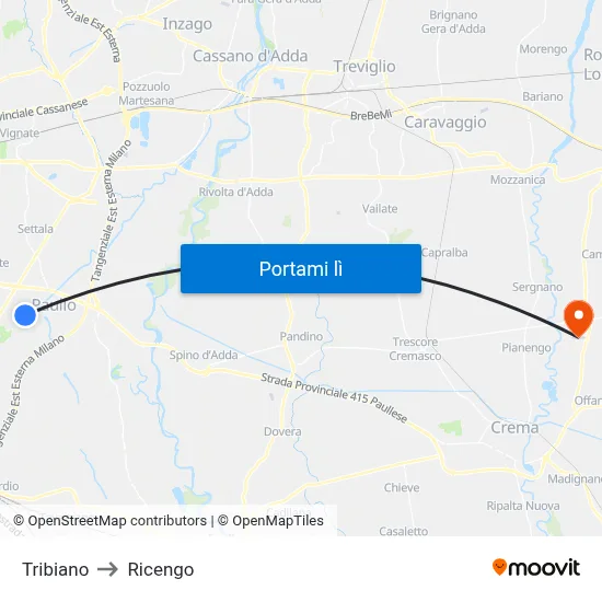 Tribiano to Ricengo map