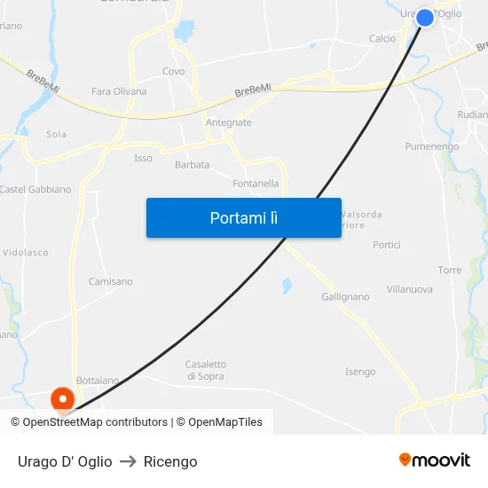 Urago D' Oglio to Ricengo map