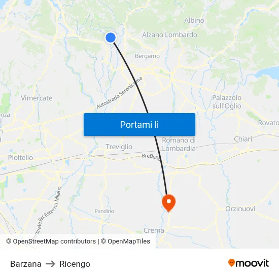 Barzana to Ricengo map