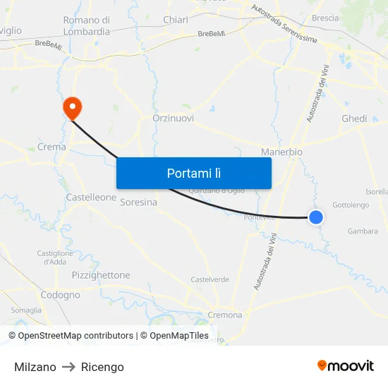 Milzano to Ricengo map