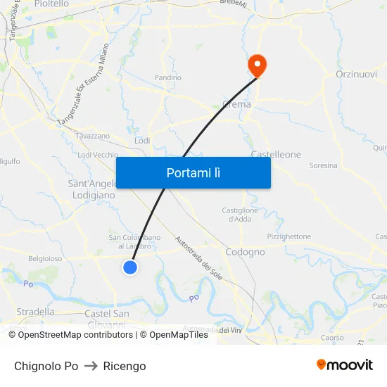 Chignolo Po to Ricengo map