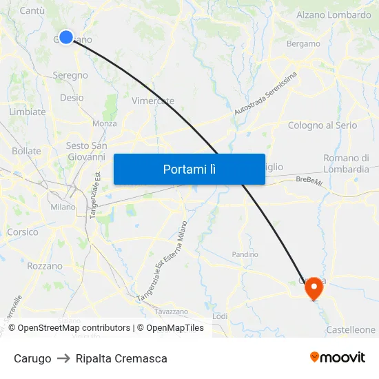 Carugo to Ripalta Cremasca map