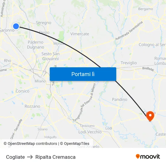 Cogliate to Ripalta Cremasca map