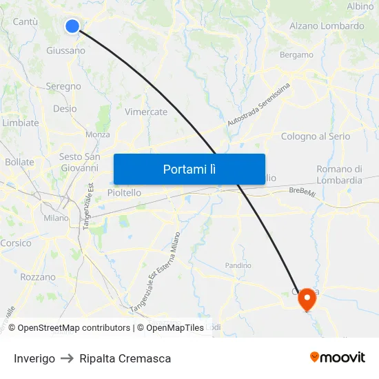 Inverigo to Ripalta Cremasca map