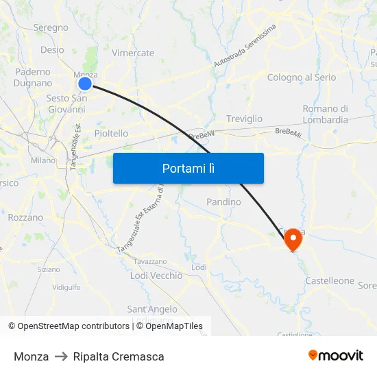 Monza to Ripalta Cremasca map