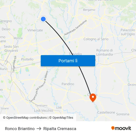 Ronco Briantino to Ripalta Cremasca map