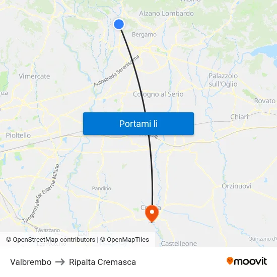 Valbrembo to Ripalta Cremasca map