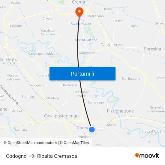 Codogno to Ripalta Cremasca map