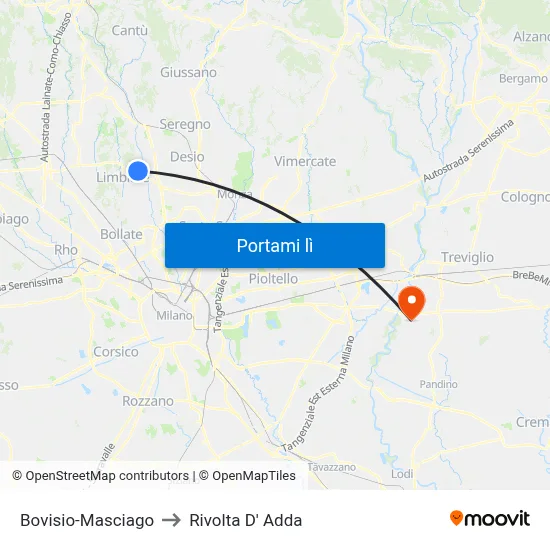 Bovisio-Masciago to Rivolta D' Adda map