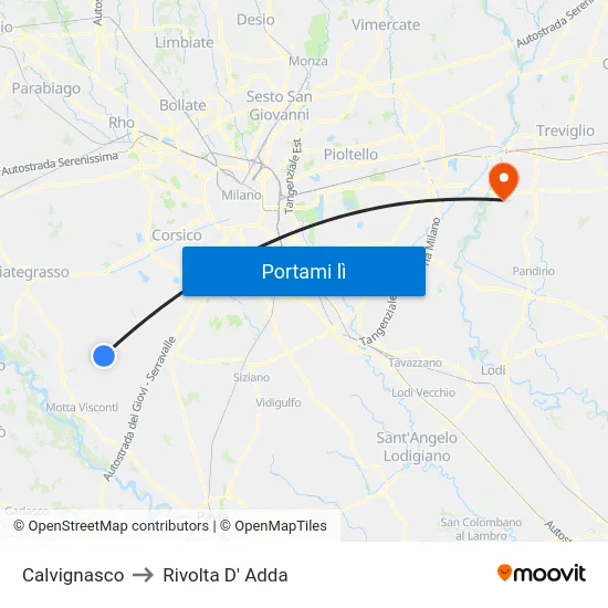 Calvignasco to Rivolta D' Adda map