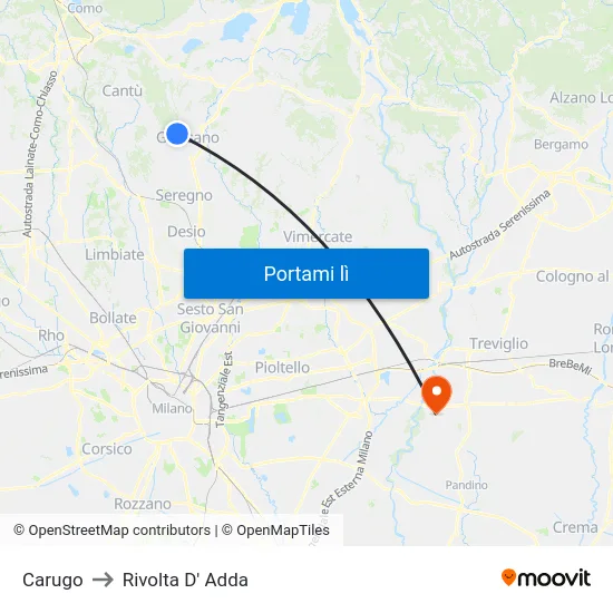 Carugo to Rivolta D' Adda map